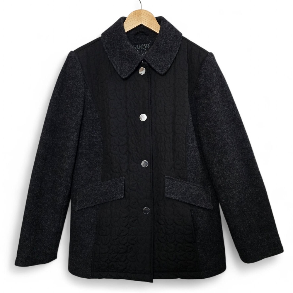 Hilary Radley Women's Black Quilted Charcoal Wool Blend Mixed Media Jacket L